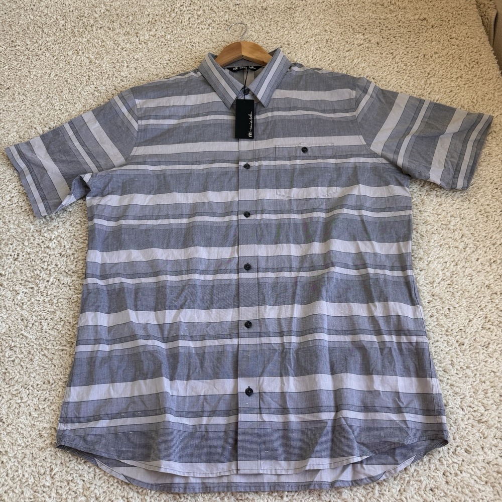 TravisMathew Button Down Shirt Mens XL Grey Striped NWT Short Sleeve Golf Casual